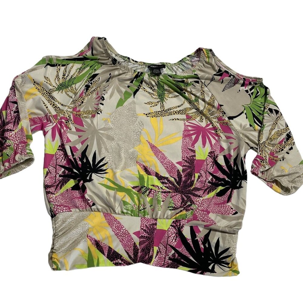 Robert Louis Women's Cold Shoulder Blouse Top Size Small Beige Tropical Print - Picture 2 of 11